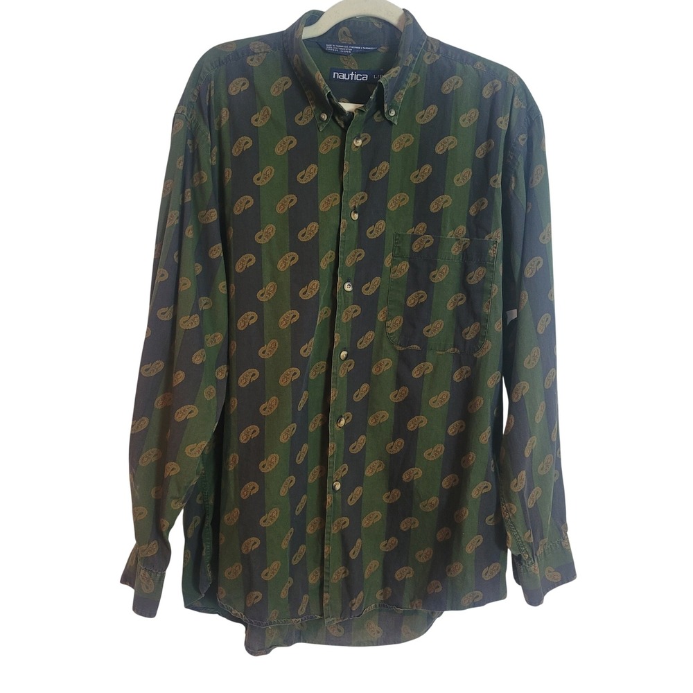 Nautica Vintage Men's Large Green Navy Striped Paisley Button Down Shirt Retro